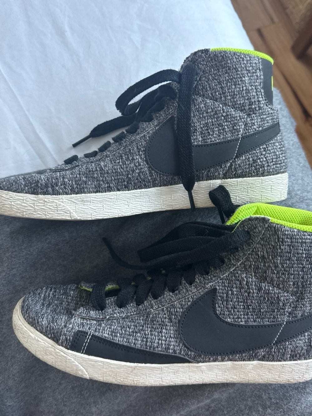 Nike Gray Knit High-Top Sneakers with Neon Green Trim
